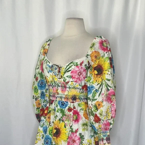 ALICE + OLIVIA Crawford Sweetheart Mini Dress Floral Puff Sleeves Lace Up Size 0